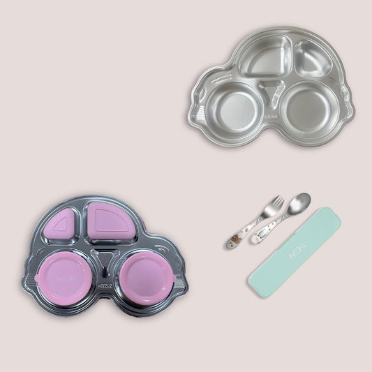 Theoni Stainless Steel Car Shape Suction Plate with Toddler Cutlery Set | 4 Compartment Kids Plate | BPA-Free & Dishwasher Safe (Pink Suction)