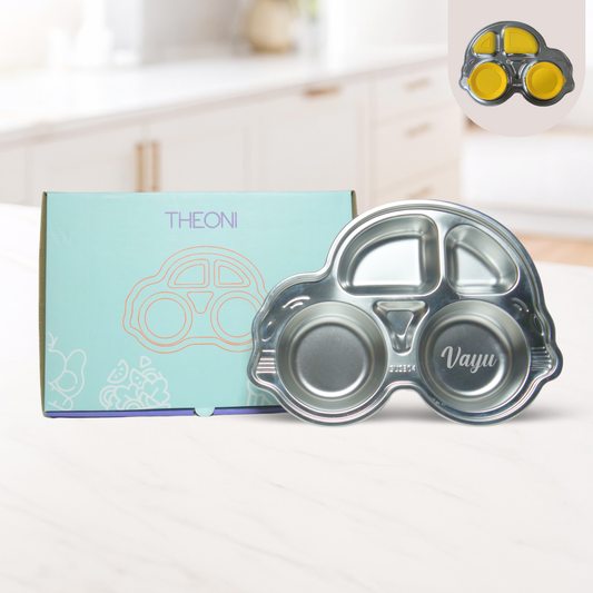 Theoni Stainless Steel Car Shape Suction Plate for Toddlers | 4 Section Kids Feeding Plate | BPA-Free & Dishwasher Safe - Personalization Available(Yellow)