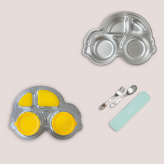 Theoni Stainless Steel Car Shape Suction Plate with Toddler Cutlery Set | 4 Compartment Kids Plate | BPA-Free & Dishwasher Safe