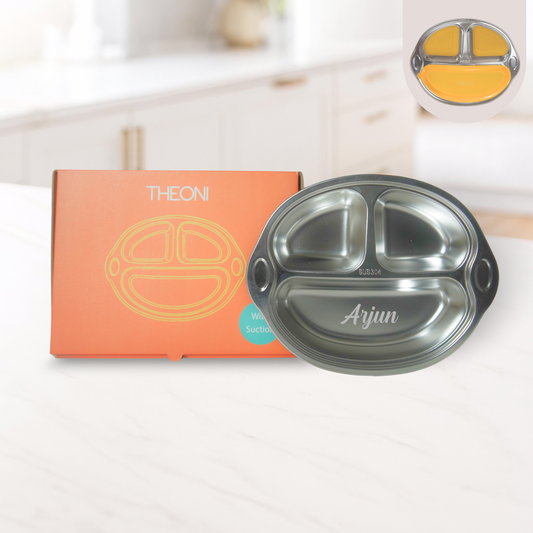 Theoni Stainless Steel Suction Plate for Toddlers | 3 Compartment Monkey Baby Feeding Plate | BPA-Free & Dishwasher Safe - Personalization Available (Yellow)