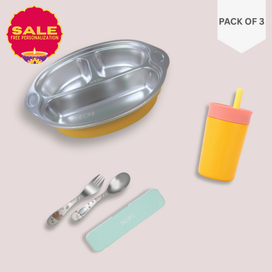 Theoni Monkey Mealtime Fun Bundle – Yellow Suction Plate, Insulated Tumbler & Toddler Cutlery Set