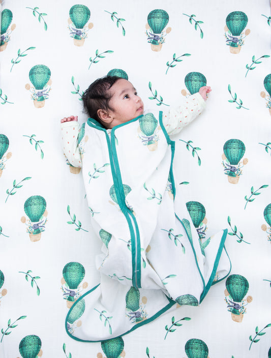 Theoni 100% organic cotton muslin Baby Sleeping Bag - Cappadocia Dreams Green