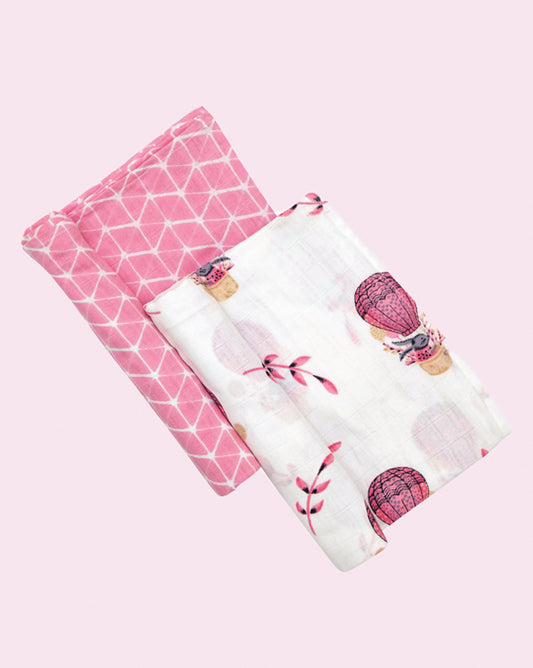 Theoni 100% organic cotton muslin swaddle (Set of 2) -Cappadocia Dreams Pink