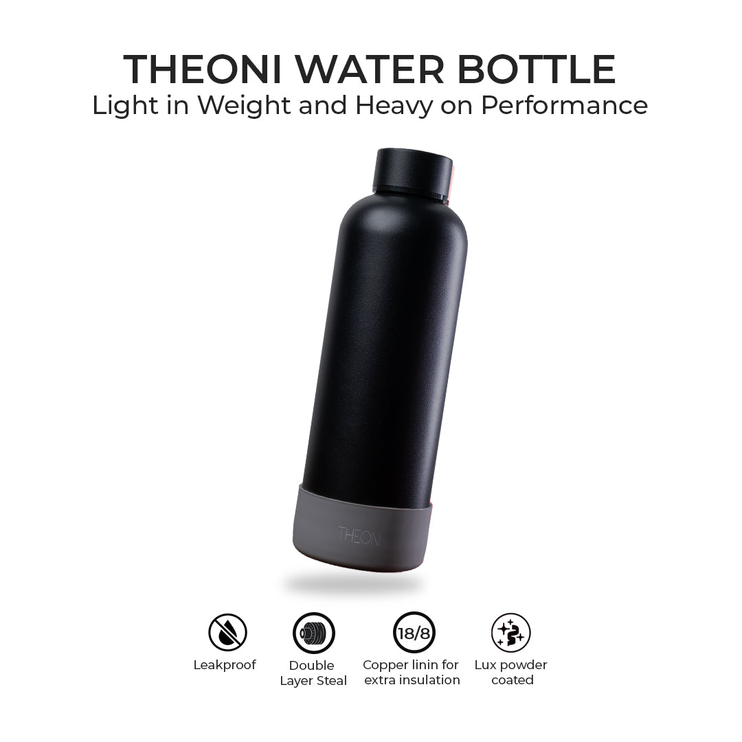 Theoni stainless Steel Double Walled Insulated Thermos Flask / Insulated Water Bottle| 24 Hours Hot & Cold |Leak Proof| Easy to Carry School And Travel Bottle - Deep Black (500ml)