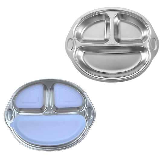 Theoni Stainless Steel Suction Plate for Toddlers | 3 Compartment Monkey Baby Feeding Plate | BPA-Free & Dishwasher Safe - Personalization Available (Blue)