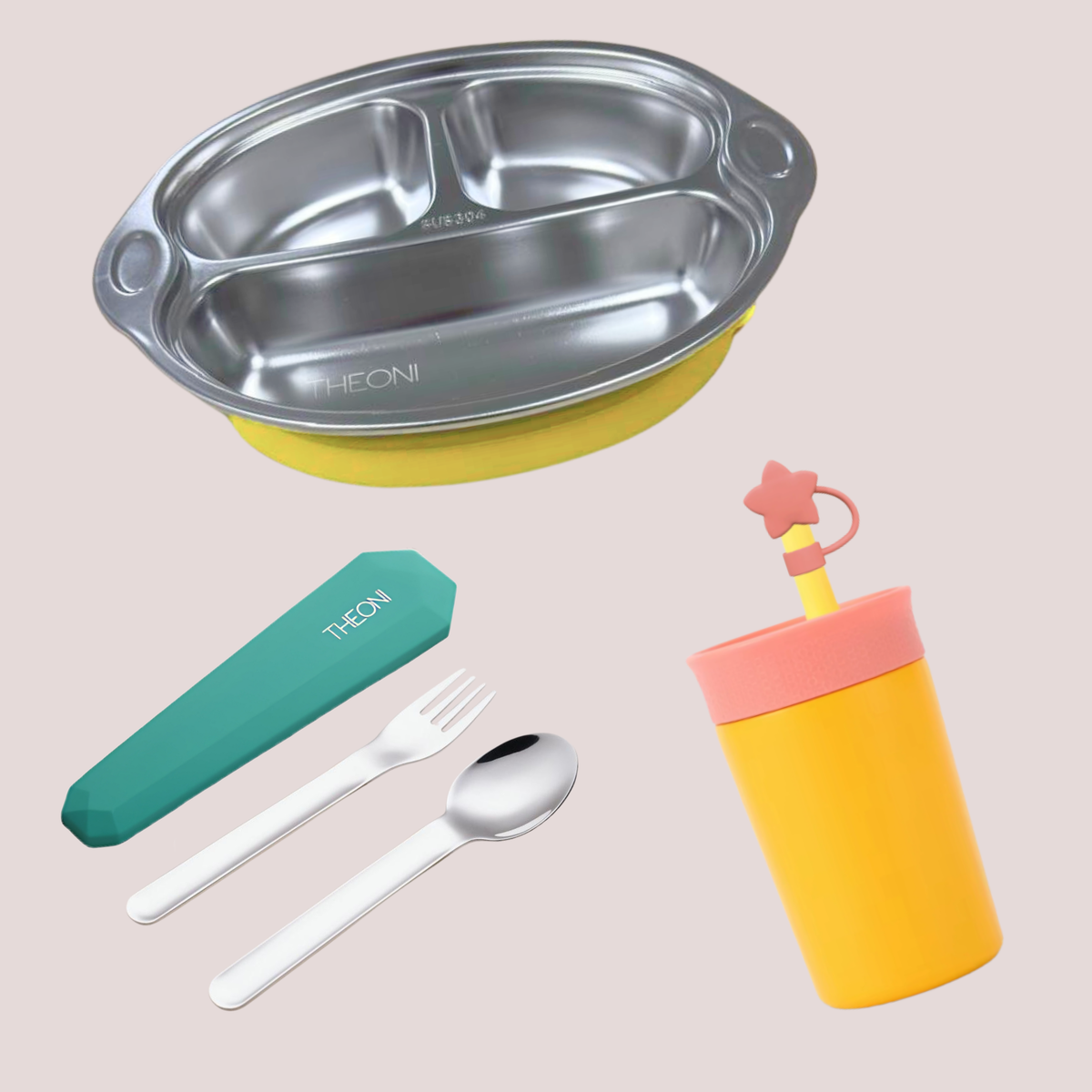 Theoni Monkey Mealtime Fun Bundle – Yellow Suction Plate, Insulated Tumbler & Toddler Cutlery Set