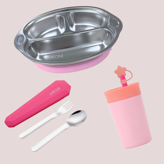 Theoni Pink Monkey Mealtime Essentials Bundle – Suction Plate, Insulated Tumbler & Cutlery Set