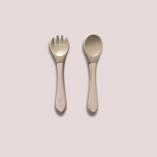 Theoni Rainbow Buddies Silicone Cutlery Set – Baby-Safe Spoon & Fork for Self-Feeding (BEIGE)