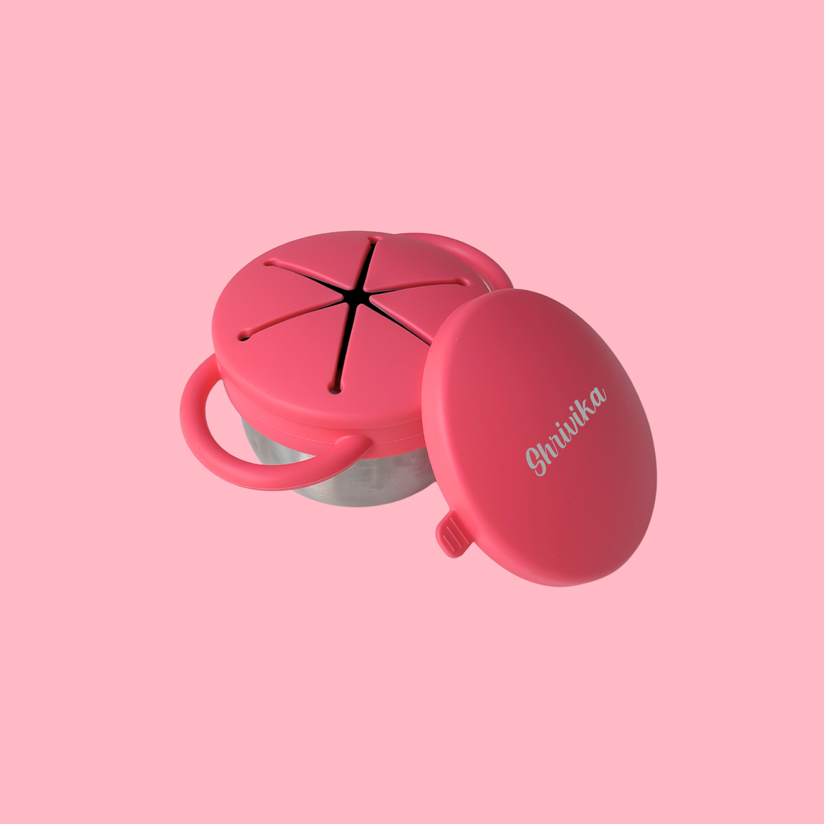 Theoni Stainless Steel Snack Cups with Removable Silicone Food Catcher & Travel Lid – Spill-Proof, Toddler-Friendly, Dishwasher Safe- Red