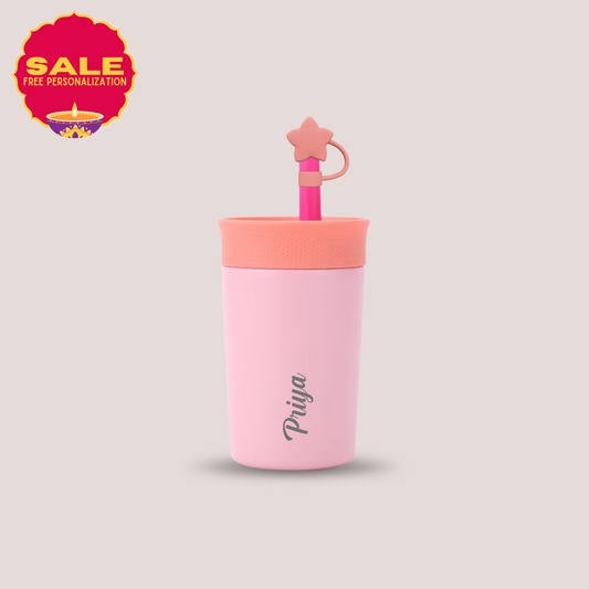 Theoni Star Kids Stainless Steel Insulated Tumbler with Silicon Straw & Cleaning Brush | 355ml | Leak-Proof, BPA-Free, Travel Friendly – Pink