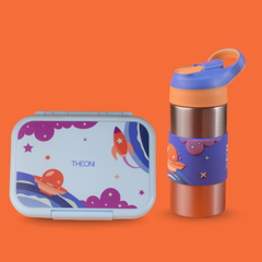 THEONI Kids Water Bottle (400ml) with Straw + Duo Steel 2-Compartment Lunch Box Combo | BPA-Free, Leak-Proof, Microwave Safe Lunch Box- Milo Blue