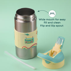 THEONI Kids Water Bottle (400ml) with Straw + Duo Steel 2-Compartment Lunch Box Combo | BPA-Free, Leak-Proof, Microwave Safe Lunch Box- Stereo Green