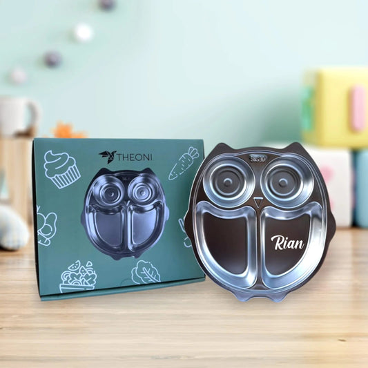 Theoni Stainless Steel Section Owl Shape Kids Plate / Portion Plate / Dinner Plate - Owl Shape. Personalize With Name