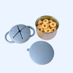 Theoni Stainless Steel Snack Cups with Removable Silicone Food Catcher & Travel Lid – Spill-Proof, Toddler-Friendly, Dishwasher Safe- Dusty Blue