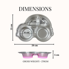 Theoni Stainless Steel Car Shape Suction Plate with Toddler Cutlery Set | 4 Compartment Kids Plate | BPA-Free & Dishwasher Safe (Pink Suction)