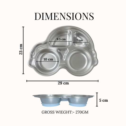 Theoni Stainless Steel Car Shape Anti Skid Plate for Toddlers | 4 Section Kids Feeding Plate | BPA-Free & Dishwasher Safe - Personalization Available (Blue)
