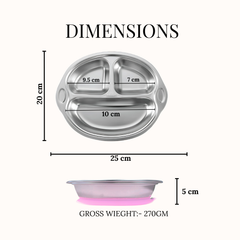 Theoni Stainless Steel Suction Plate for Toddlers | 3 Compartment Monkey Baby Feeding Plate | BPA-Free & Dishwasher Safe - Personalization Available (Pink)