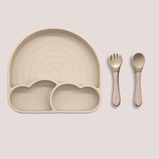 Theoni Silicone Suction Baby Feeding Set with Plate, Lid, Spoon & Fork | Baby-Led Weaning | BPA-Free | Microwave & Dishwasher Safe | Mess-Free Toddler Mealtime Essential – Beige