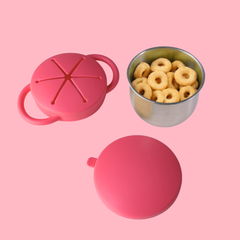 Theoni Stainless Steel Snack Cups with Removable Silicone Food Catcher & Travel Lid – Spill-Proof, Toddler-Friendly, Dishwasher Safe- Red