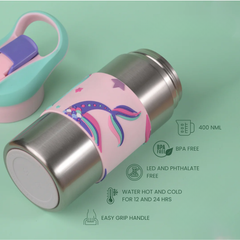 THEONI Siphappy Kids Stainless Steel School Water Bottle with Straw (400ml) | BPA-Free, Leak-Proof, Lightweight Water Bottle for Kids | Easy-Sip Design- Pixi Pink