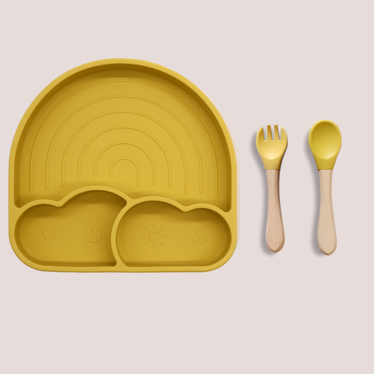 Theoni Silicone Suction Baby Feeding Set with Plate, Spoon & Fork | Baby-Led Weaning | BPA-Free | Microwave & Dishwasher Safe | Mess-Free Toddler Mealtime Essential – Mango