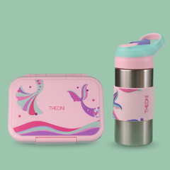 THEONI Kids Water Bottle (400ml) with Straw + Duo Steel 2-Compartment Lunch Box Combo | BPA-Free, Leak-Proof, Microwave Safe Lunch Box- Pixi Pink