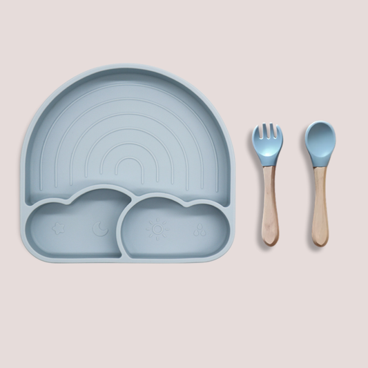 Theoni Silicone Suction Baby Feeding Set with Plate, Spoon & Fork | Baby-Led Weaning | BPA-Free | Microwave & Dishwasher Safe | Mess-Free Toddler Mealtime Essential – Dusty Blue