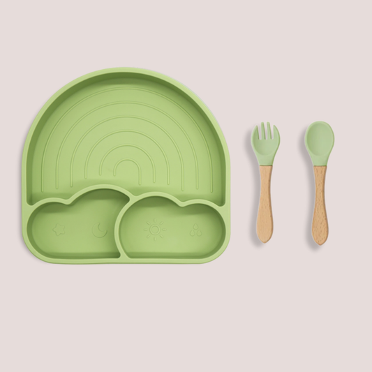 Theoni Silicone Suction Baby Feeding Set with Plate, Spoon & Fork | Baby-Led Weaning | BPA-Free | Microwave & Dishwasher Safe | Mess-Free Toddler Mealtime Essential – Olive