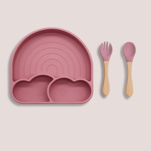 Theoni Silicone Suction Baby Feeding Set with Plate, Spoon & Fork | Baby-Led Weaning | BPA-Free | Microwave & Dishwasher Safe | Mess-Free Toddler Mealtime Essential – Dark Pink