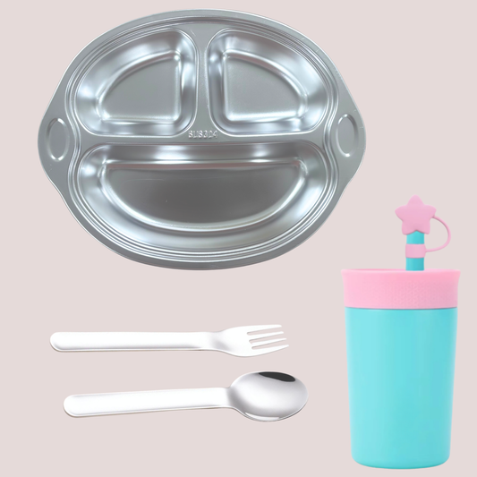 Theoni Monkey Mealtime Adventure Bundle – Blue Suction Plate, Blue Insulated Tumbler & Cutlery Set