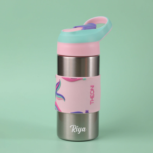 THEONI Siphappy Kids Stainless Steel School Water Bottle with Straw (400ml) | BPA-Free, Leak-Proof, Lightweight Water Bottle for Kids | Easy-Sip Design- Pixi Pink
