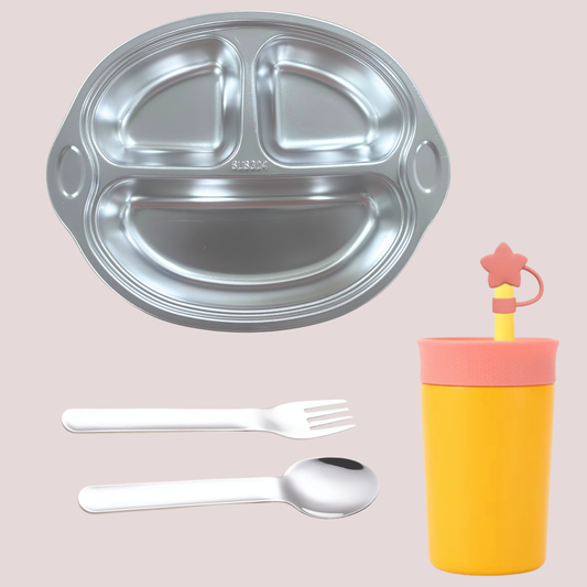 Theoni Monkey Mealtime Fun Bundle – Yellow Suction Plate, Insulated Tumbler & Toddler Cutlery Set