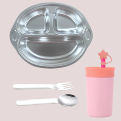 Theoni Pink Monkey Mealtime Essentials Bundle – Suction Plate, Insulated Tumbler & Cutlery Set