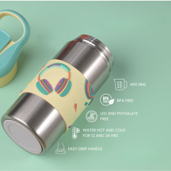 THEONI Siphappy Kids Stainless Steel School Water Bottle with Straw (400ml) | BPA-Free, Leak-Proof, Lightweight Water Bottle for Kids | Easy-Sip Design- Stereo Green