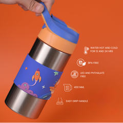 THEONI Siphappy Kids Stainless Steel School Water Bottle with Straw (400ml) | BPA-Free, Leak-Proof, Lightweight Water Bottle for Kids | Easy-Sip Design - Milo Blue