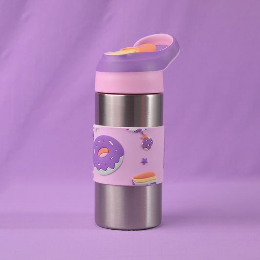 THEONI Siphappy Kids Stainless Steel School Water Bottle with Straw (400ml) | BPA-Free, Leak-Proof, Lightweight Water Bottle for Kids | Easy-Sip Design- Crumbl Purple