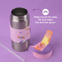 THEONI Kids Water Bottle (400ml) with Straw + Duo Steel 2-Compartment Lunch Box Combo | BPA-Free, Leak-Proof, Microwave Safe Lunch Box- Crumbl Purple