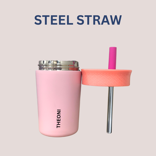 Theoni Star Kids Stainless Steel Insulated Tumbler with Silicon Straw & Cleaning Brush | 355ml | Leak-Proof, BPA-Free, Travel Friendly – Pink
