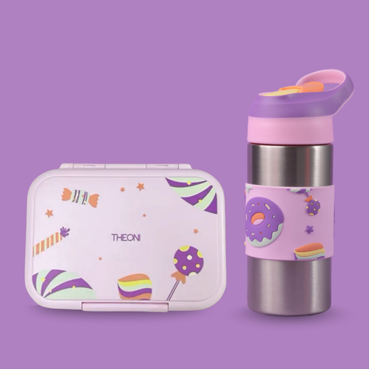 THEONI Kids Water Bottle (400ml) with Straw + Duo Steel 2-Compartment Lunch Box Combo | BPA-Free, Leak-Proof, Microwave Safe Lunch Box- Crumbl Purple