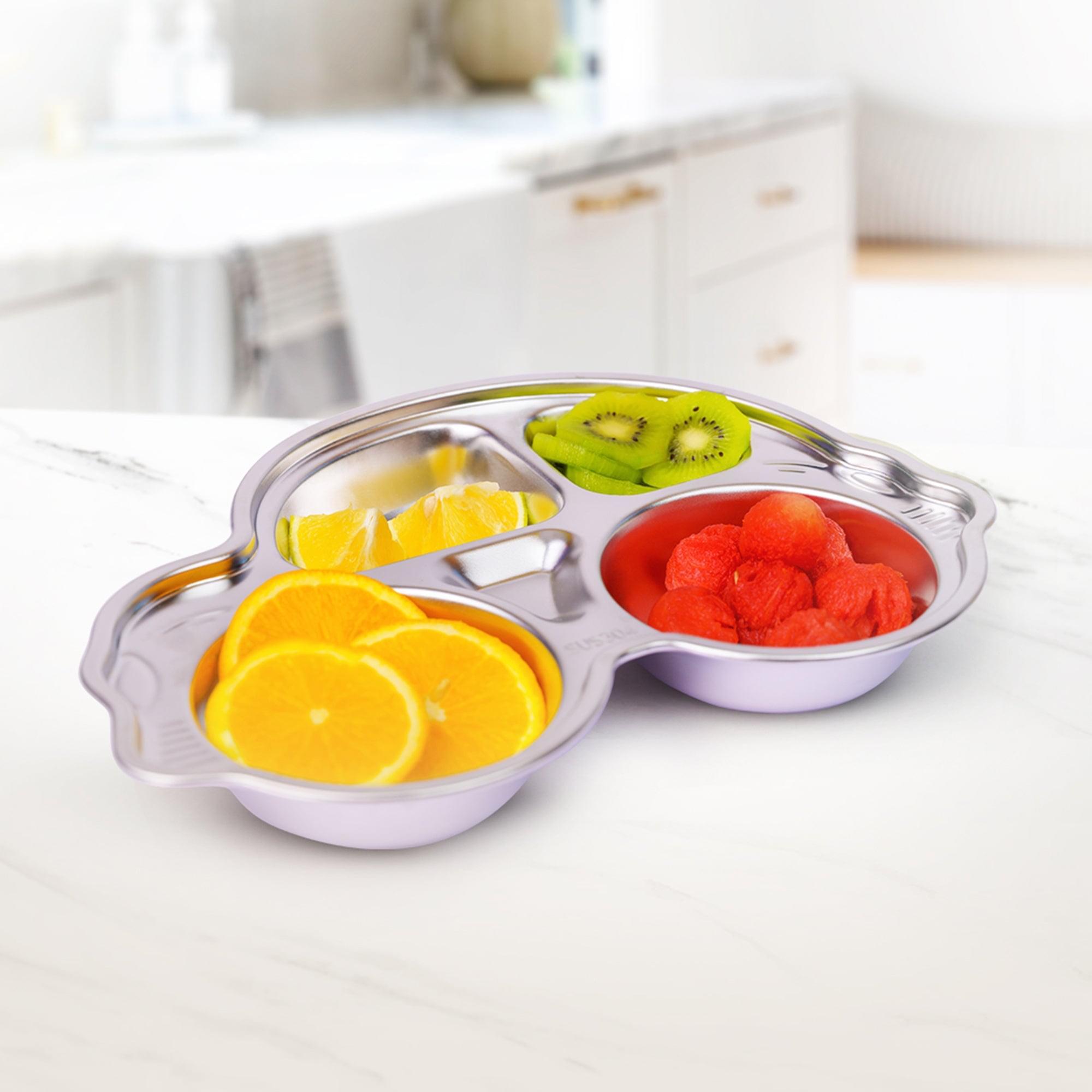 Theoni Stainless Steel Section Kids Plate / Portion Plate / Dinner Dish  - Set of 2 (1 Car & 1 Bus)