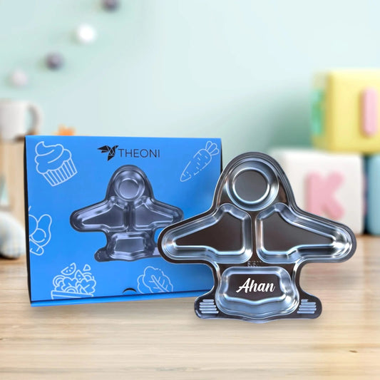 Theoni Stainless Steel Section Aeroplane Shape Kids Plate / Portion Plate / Dinner Plate - Aeroplane Shape. Personalize With Name