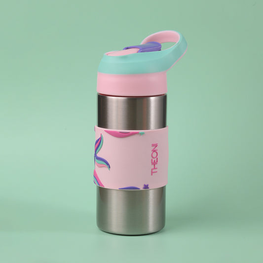 THEONI Siphappy Kids Stainless Steel School Water Bottle with Straw (400ml) | BPA-Free, Leak-Proof, Lightweight Water Bottle for Kids | Easy-Sip Design- Pixi Pink