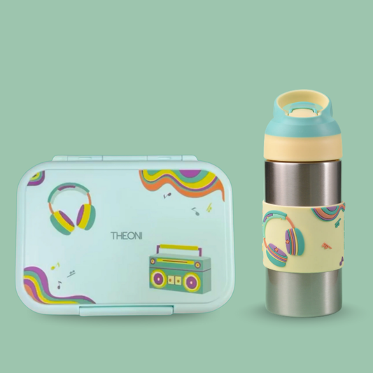 THEONI Kids Water Bottle (400ml) with Straw + Duo Steel 2-Compartment Lunch Box Combo | BPA-Free, Leak-Proof, Microwave Safe Lunch Box- Stereo Green