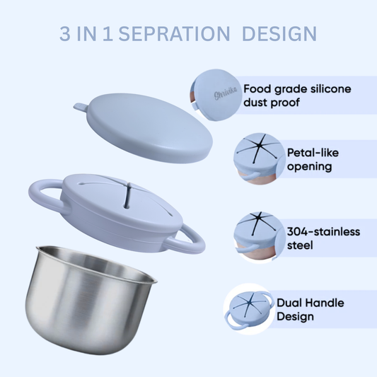 Theoni Stainless Steel Snack Cups with Removable Silicone Food Catcher & Travel Lid – Spill-Proof, Toddler-Friendly, Dishwasher Safe- Dusty Blue