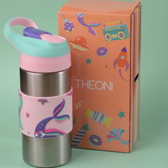 THEONI Siphappy Kids Stainless Steel School Water Bottle with Straw (400ml) | BPA-Free, Leak-Proof, Lightweight Water Bottle for Kids | Easy-Sip Design- Pixi Pink