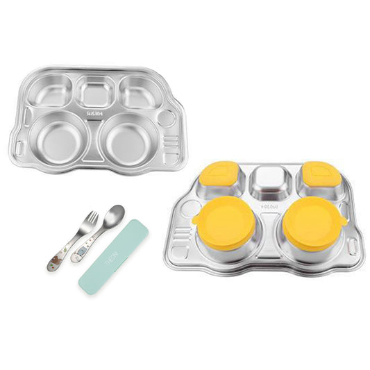Theoni Stainless Steel Suction Dinnerware Set for Toddlers | Bus Shape Plate & Cutlery | BPA-Free, 5 Section, Dishwasher Safe