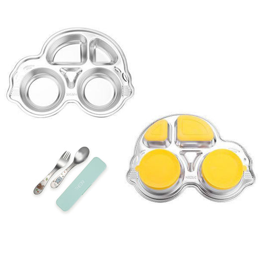 Theoni Stainless Steel Car Shape Suction Plate with Toddler Cutlery Set | 4 Compartment Kids Plate | BPA-Free & Dishwasher Safe