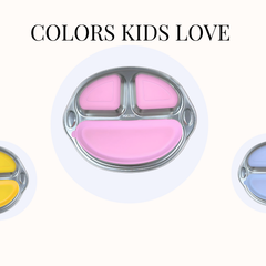 Theoni Stainless Steel Suction Plate for Toddlers | 3 Compartment Monkey Baby Feeding Plate | BPA-Free & Dishwasher Safe - Personalization Available (Pink)