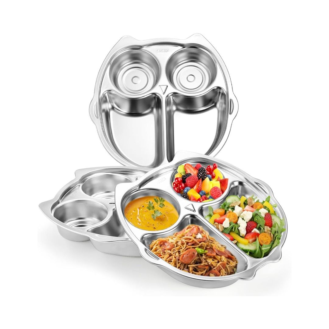 Theoni Stainless Steel Section Owl Shape Kids Plate / Portion Plate / Dinner Plate - Owl Shape. Personalize With Name