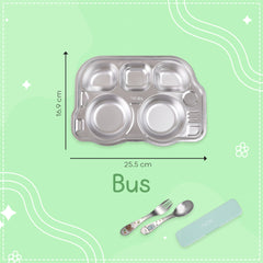 Theoni Stainless Steel Section Bus Shape Kids Plate / Portion Plate / Dinner Dish - Bus Shape. Personalize With Name